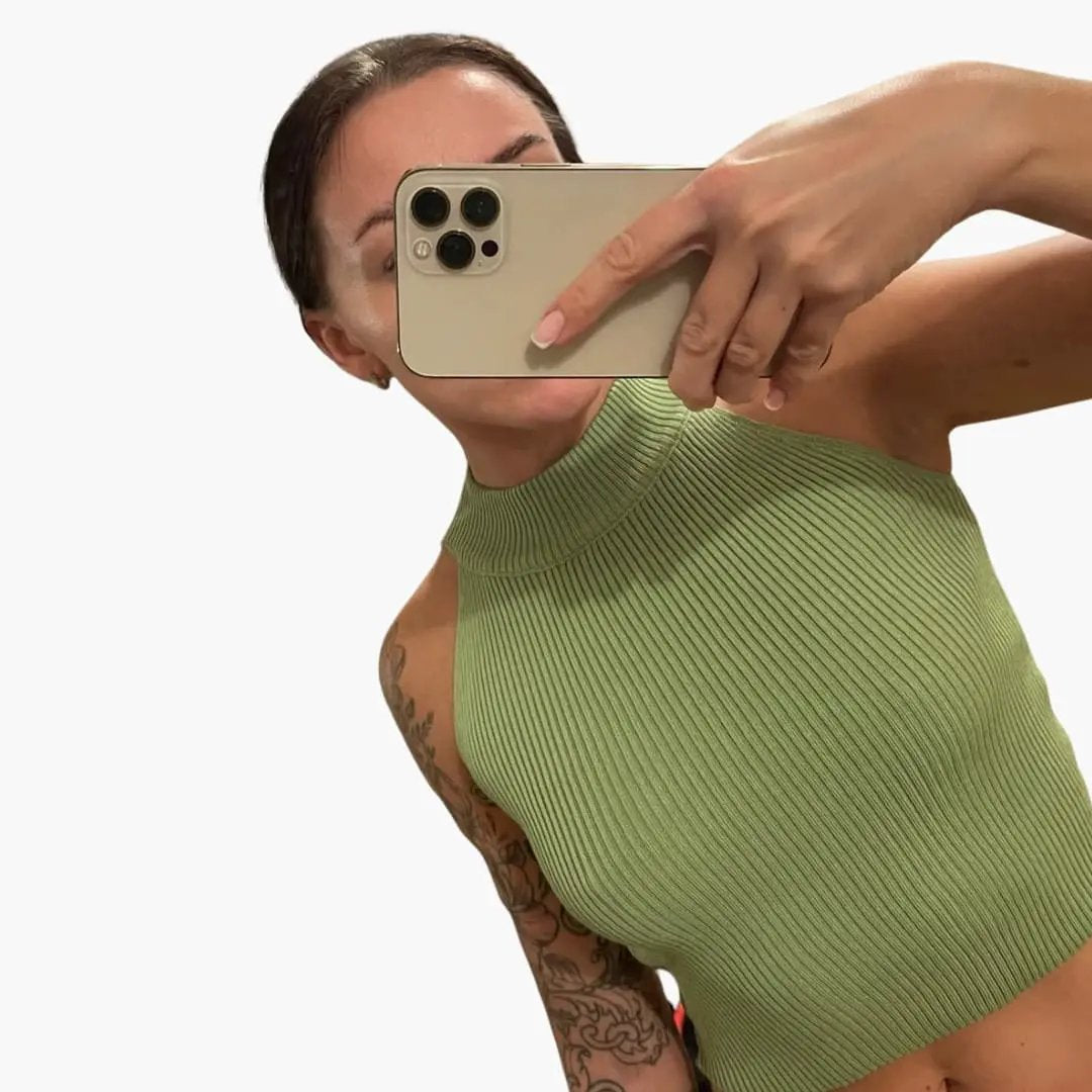Women's Sleeveless High-Neck Ribbed Crop Top in olive green knit fabric