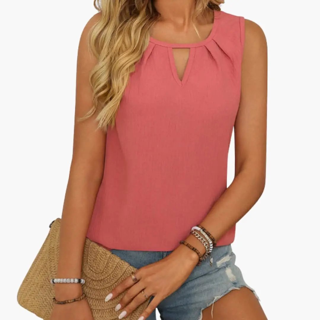 Women's sleeveless top with keyhole neckline and pleated front in pink, tank top