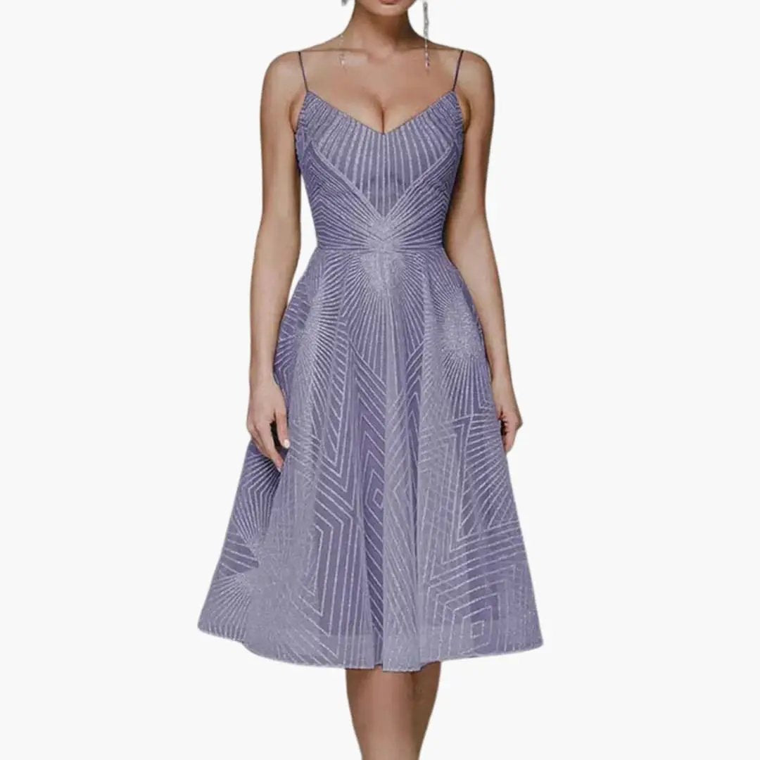 Women's sleeveless lavender midi dress with open back and geometric metallic pattern.