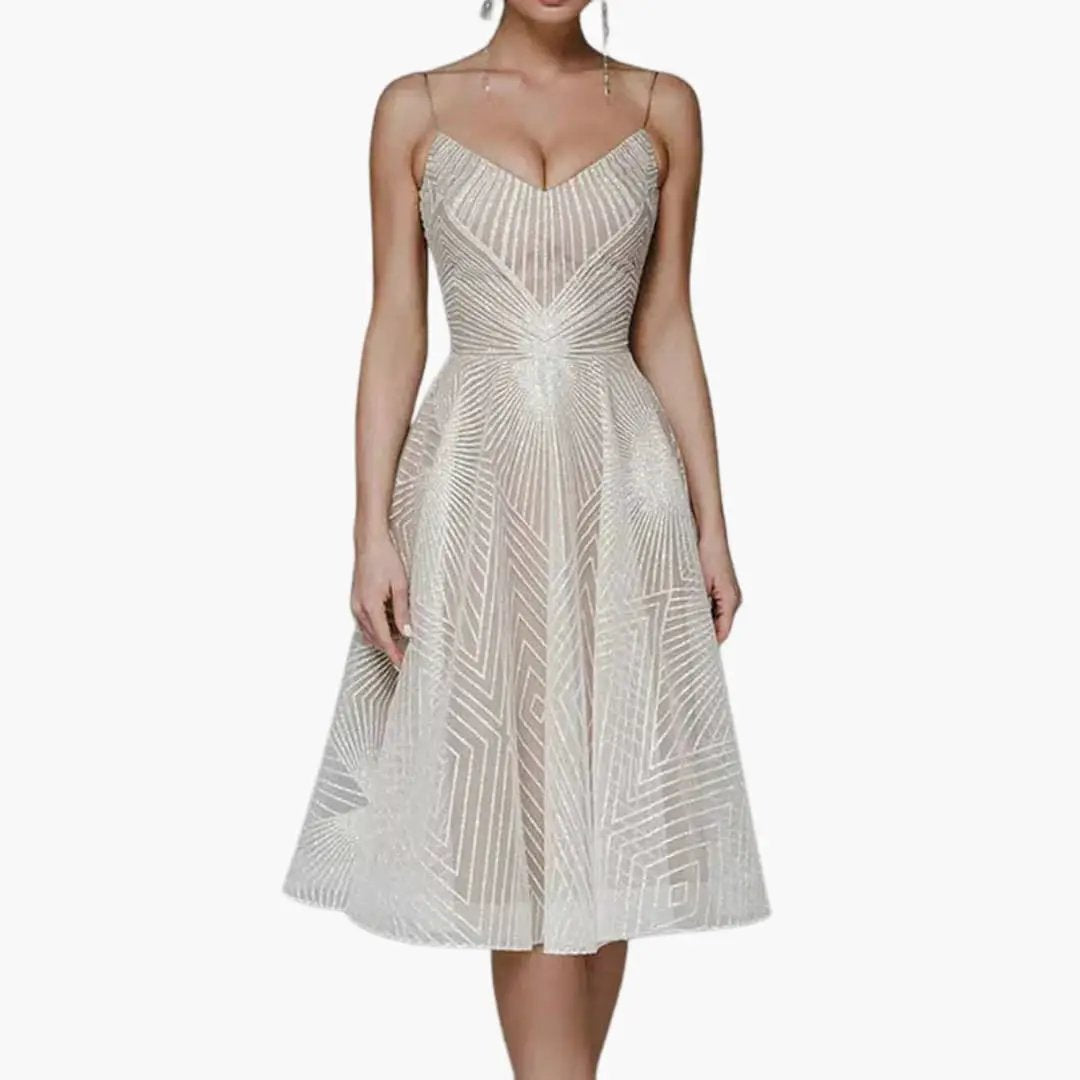 Women's Sleeveless Midi Dress in champagne with geometric beaded pattern and thin straps.