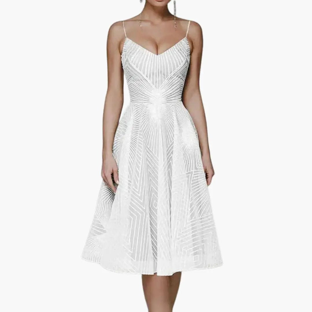 Womens Sleeveless Midi Dress by Wilfred Smith in white with geometric sequin pattern