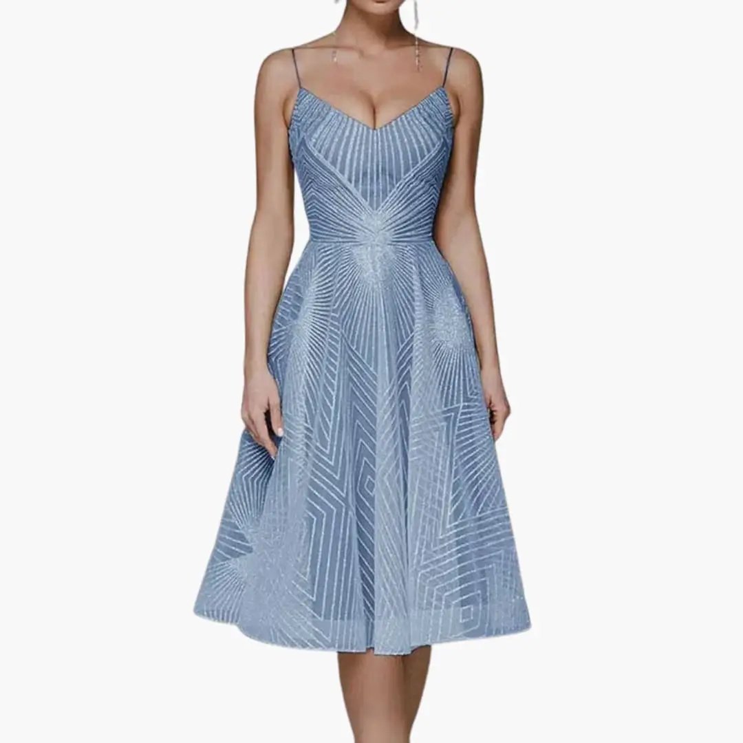 Women’s Sleeveless Midi Dress in blue with open back and geometric line pattern