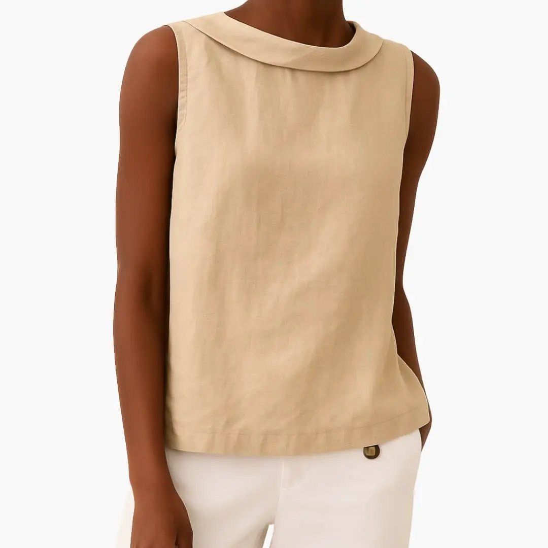 Women’s sleeveless roll-neck top by Wilfred Smith in beige.