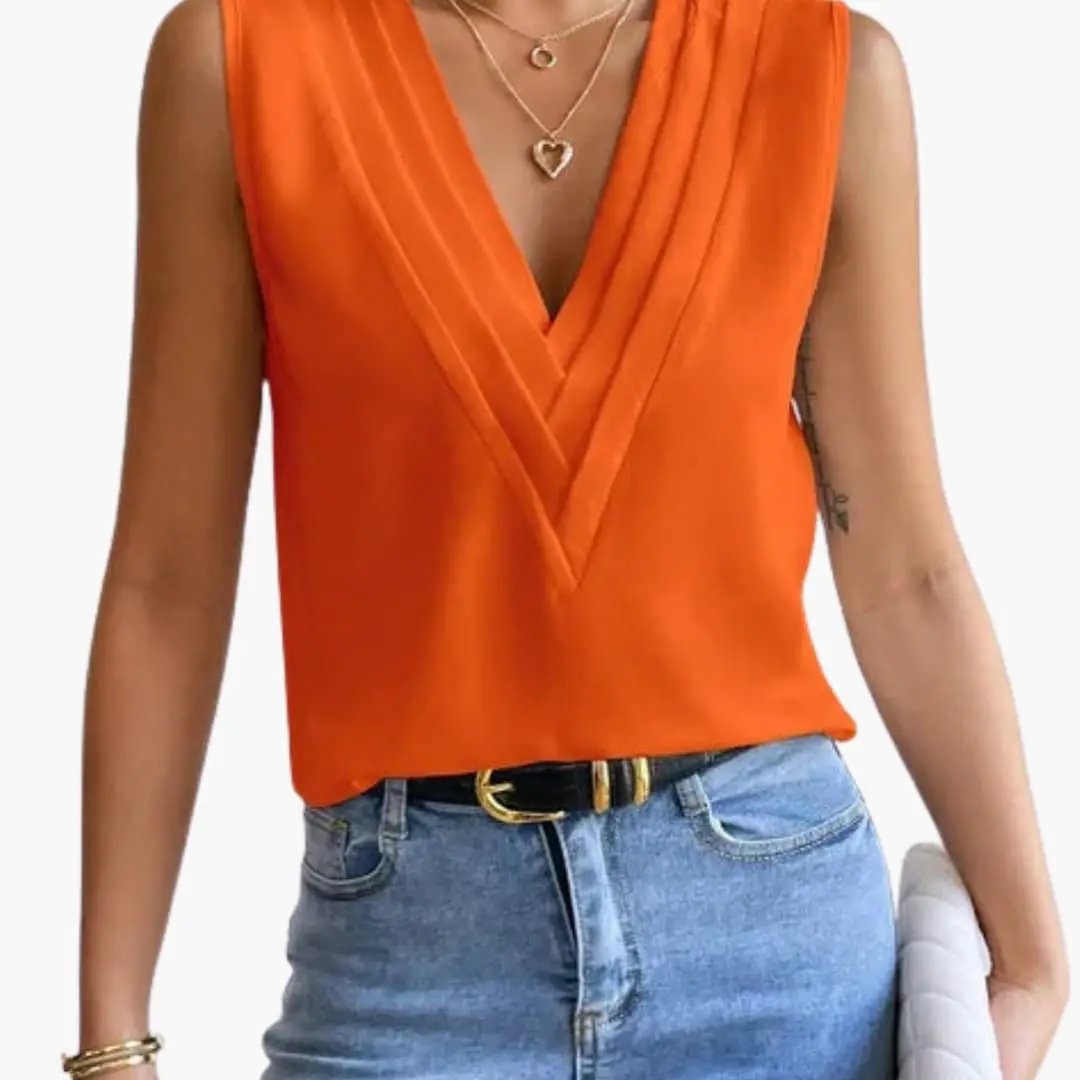 Women's sleeveless round-neck blouse in orange by Wilfred Smith