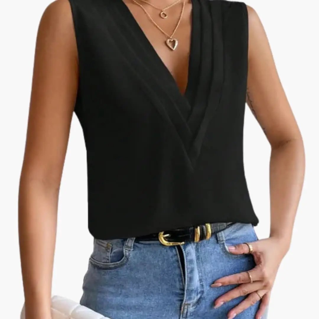 Women's sleeveless black blouse with wrapped V-neck silhouette