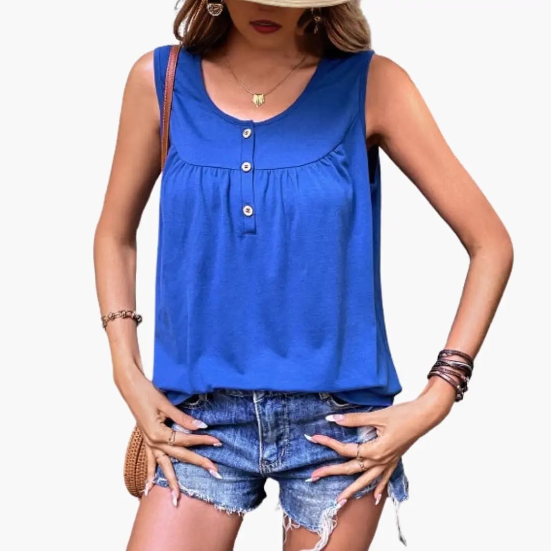 Women's sleeveless round-neck top with button detail in blue