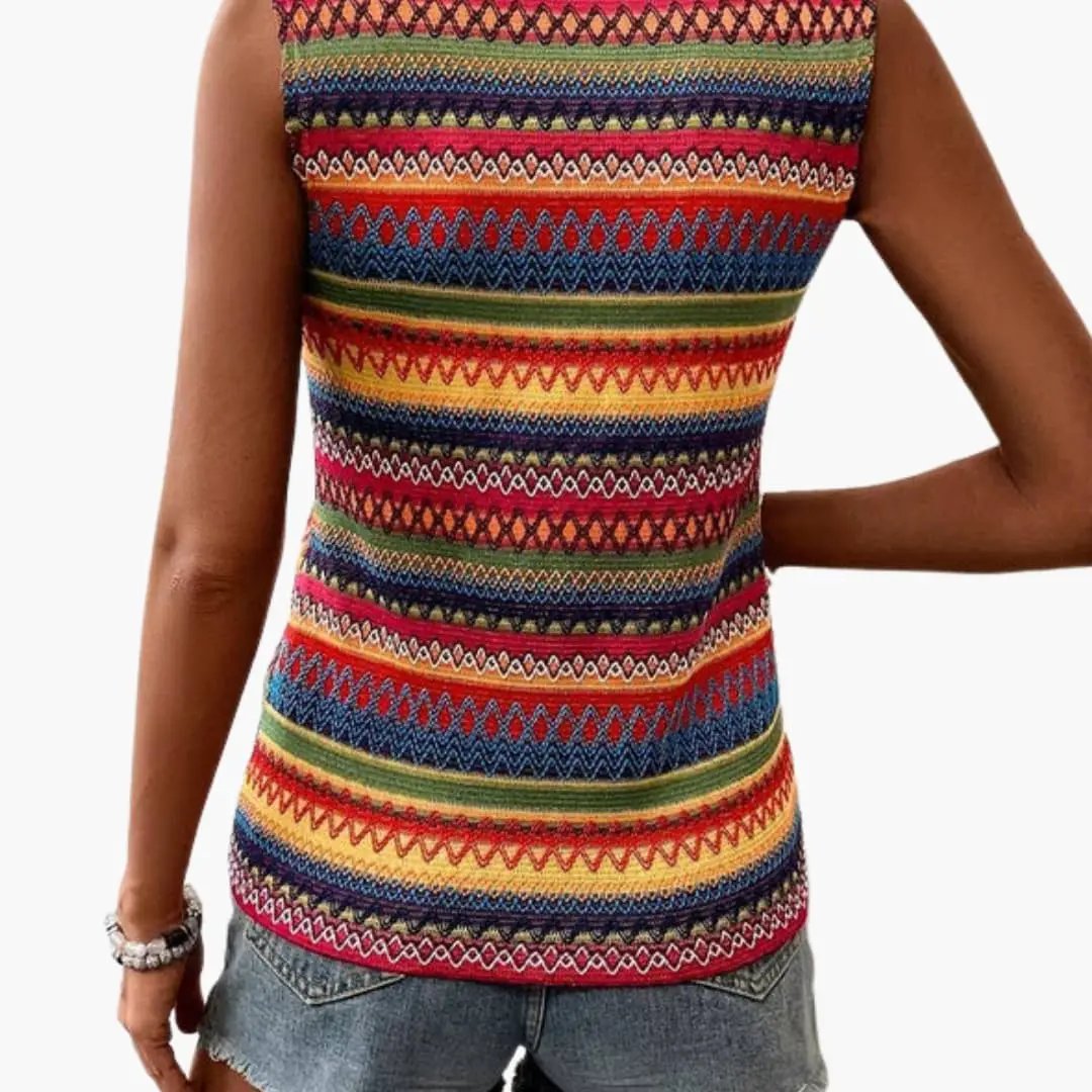 Women's Sleeveless Striped Tank Top with vibrant multicolor horizontal stripes.