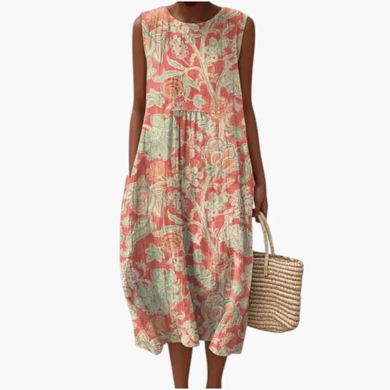 Women's sleeveless summer dress with loose fit in coral-pink floral print, plain woven surface