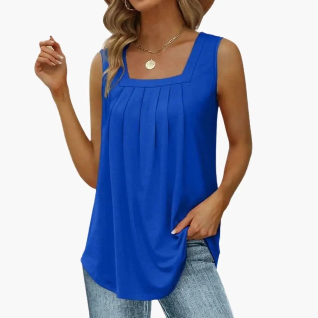 Women’s sleeveless blue tank top with square neckline, hip-length, front pleats in plain woven fabric