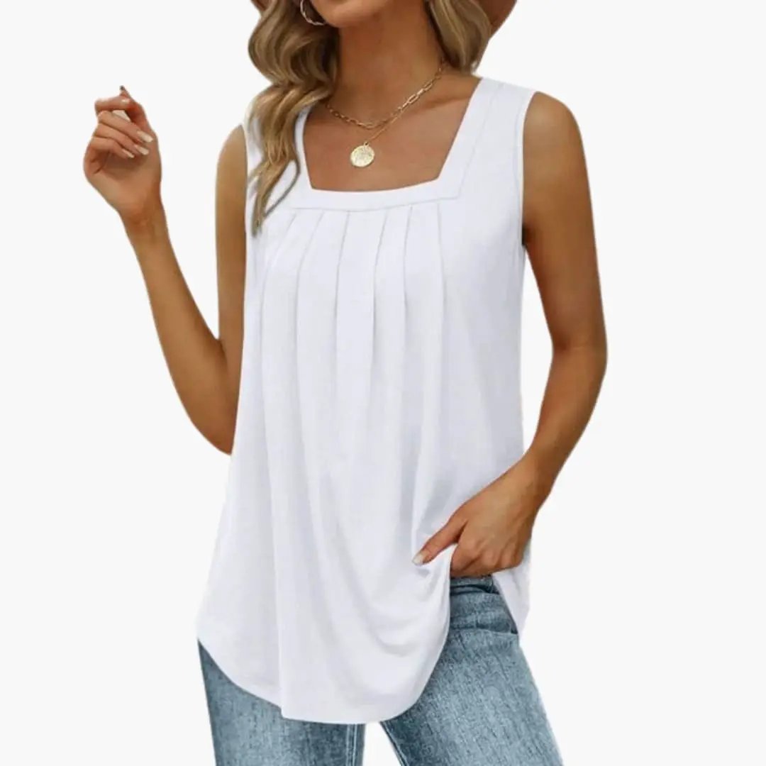 Wilfred Smith women's sleeveless top, white tank with square neckline and pleated front