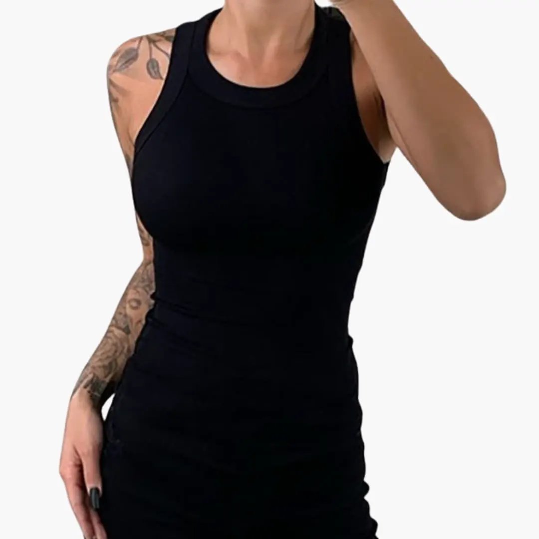 Women's sleeveless top, black slim-fit tank with breathable fabric