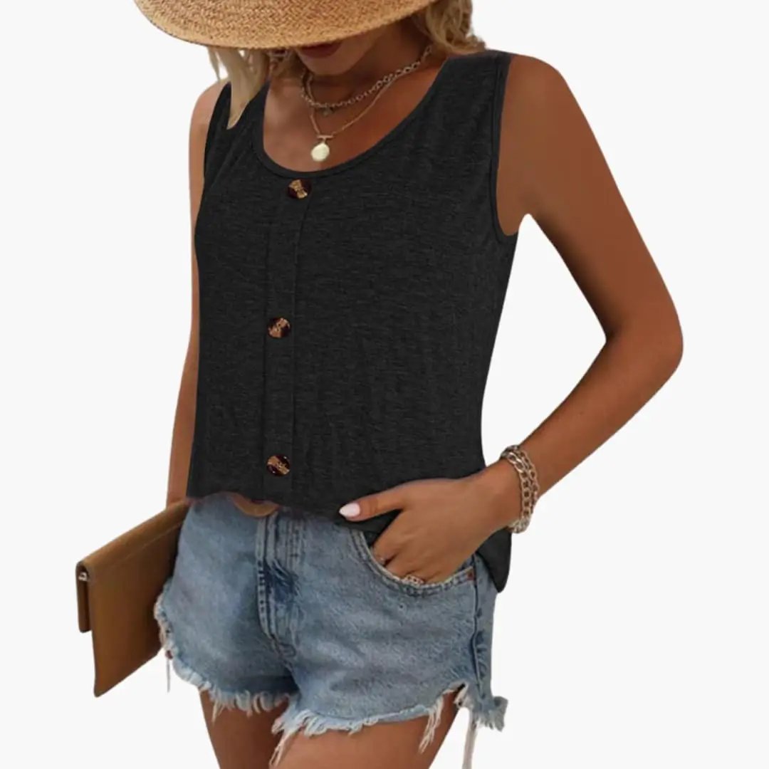 Women's sleeveless tank top with round neck and decorative front buttons in charcoal heather