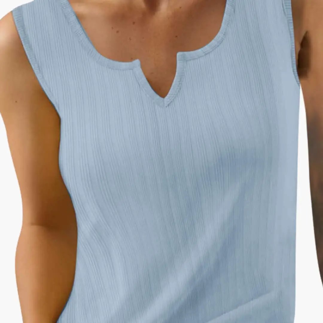 Women's sleeveless ribbed tank top with decorative V-neck in light blue by Wilfred Smith.