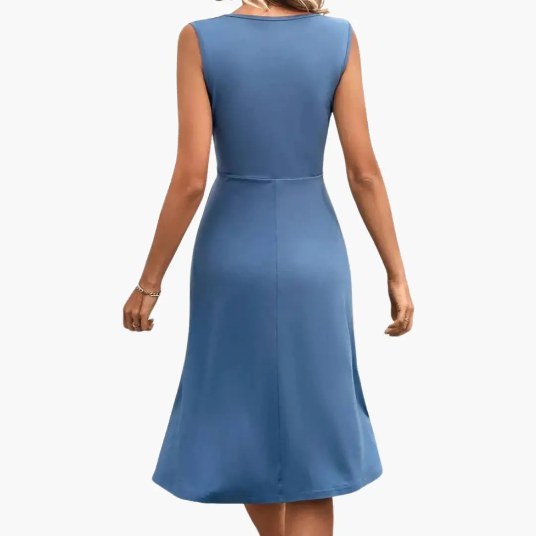 Women’s sleeveless V-neck midi dress in blue, back view.