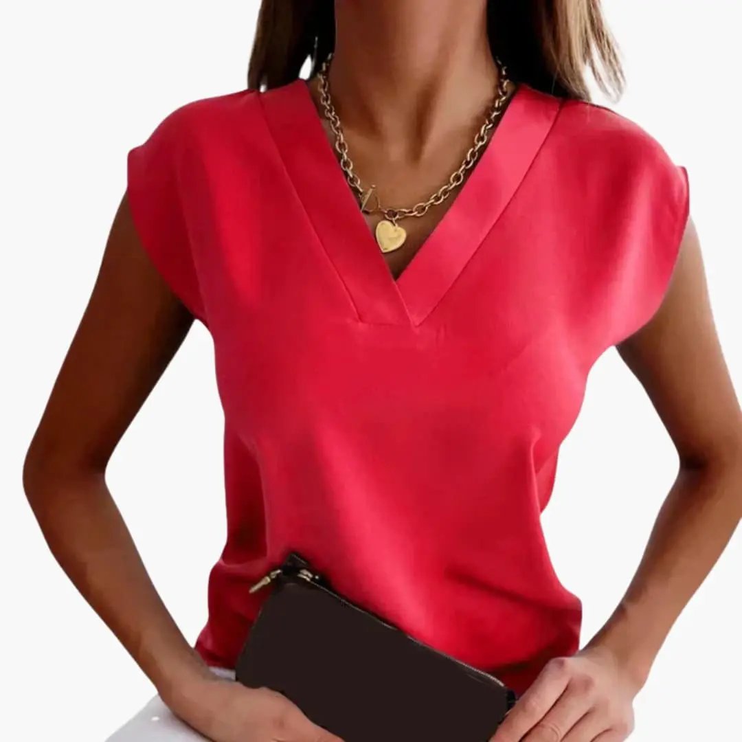Women's Sleeveless V-Neck Top in bright pink satin-like fabric by Wilfred Smith
