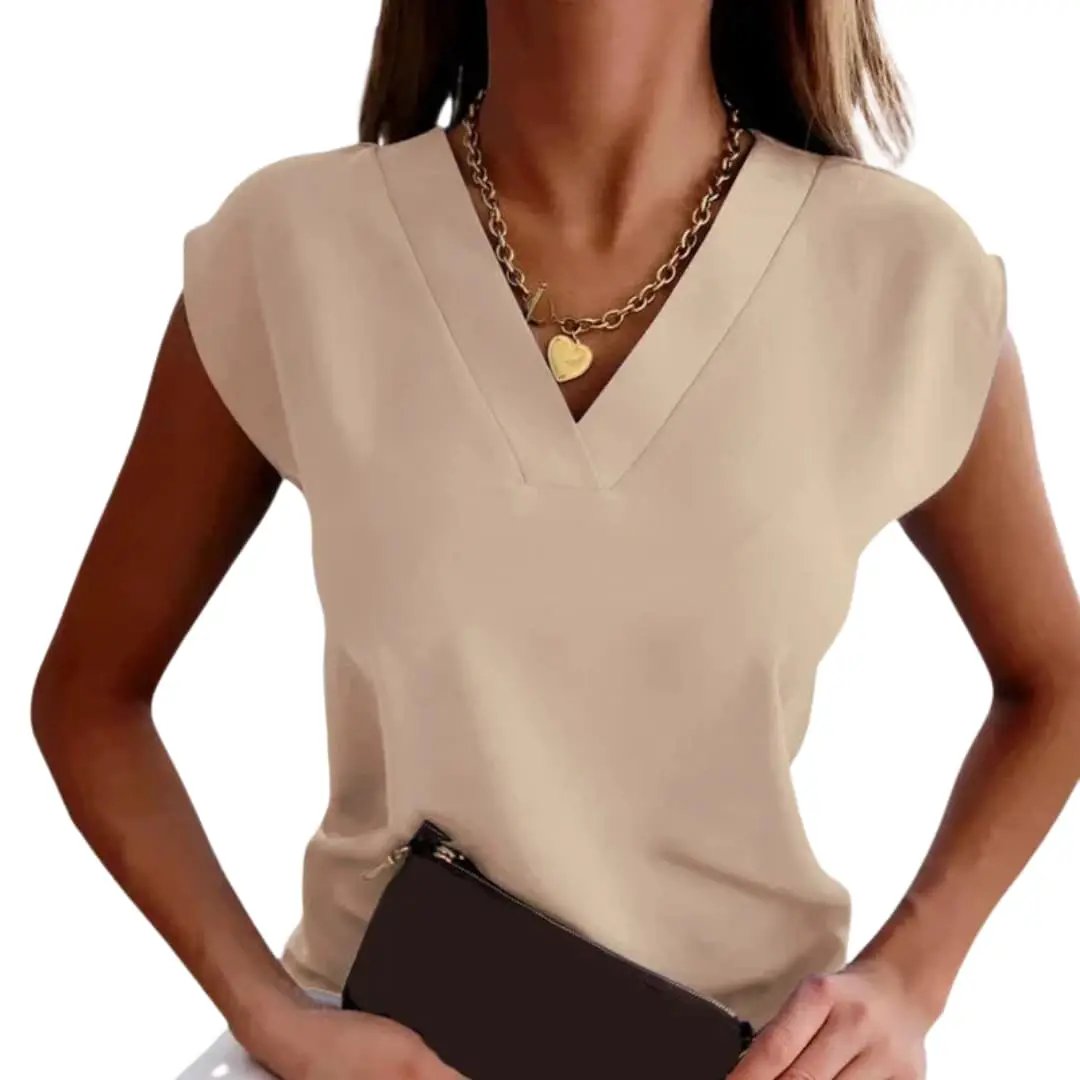 Women’s sleeveless V-neck top, beige blouse worn by model with a dark clutch