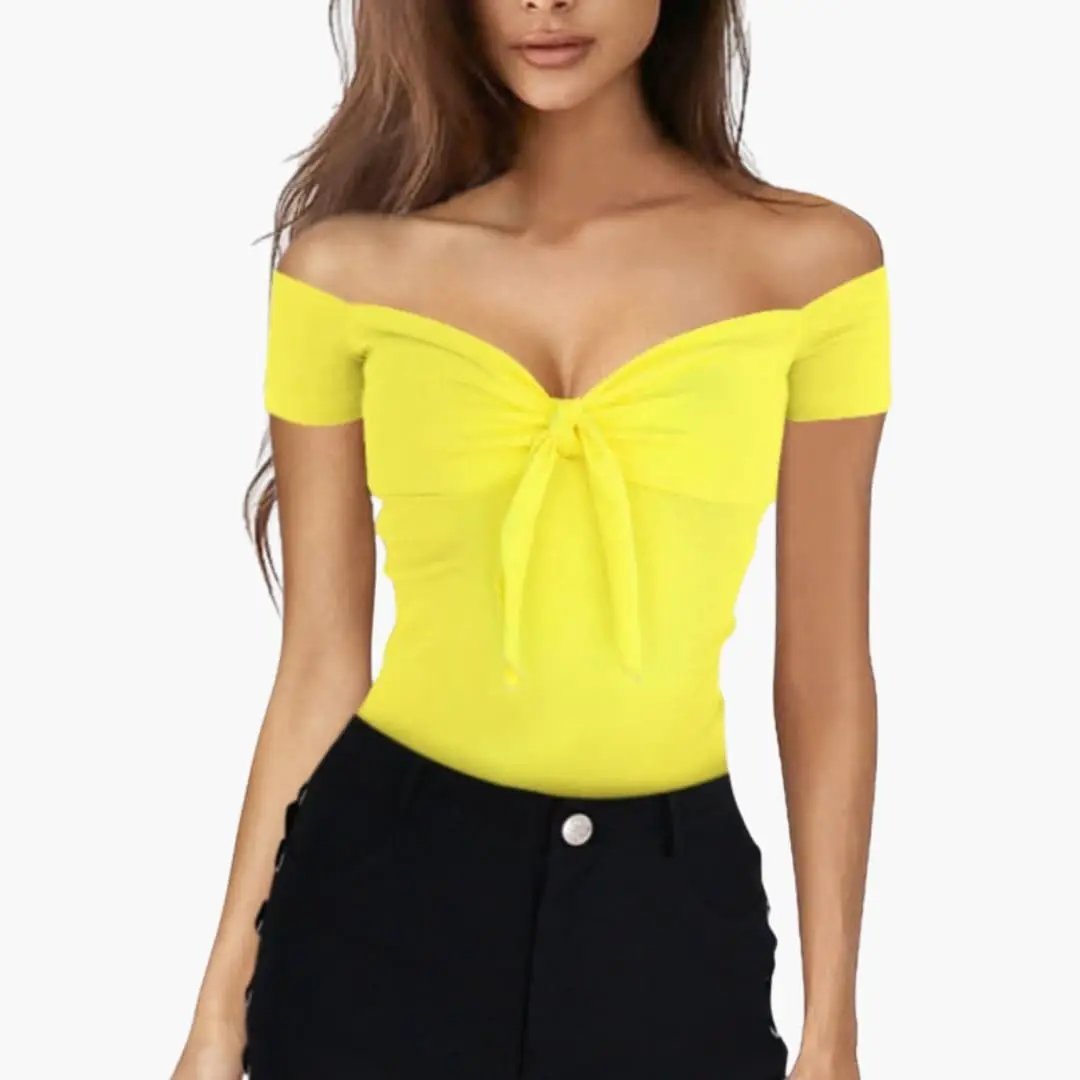 Women's Slim Cut T-Shirt with Short Sleeves, bright yellow with front-tie knot