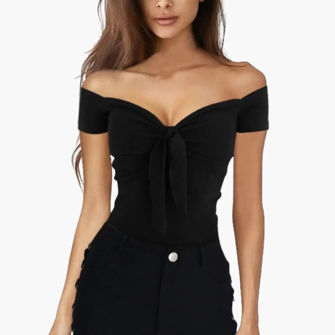 Women's slim-cut T-shirt with short sleeves, black off-shoulder top with front tie knot.