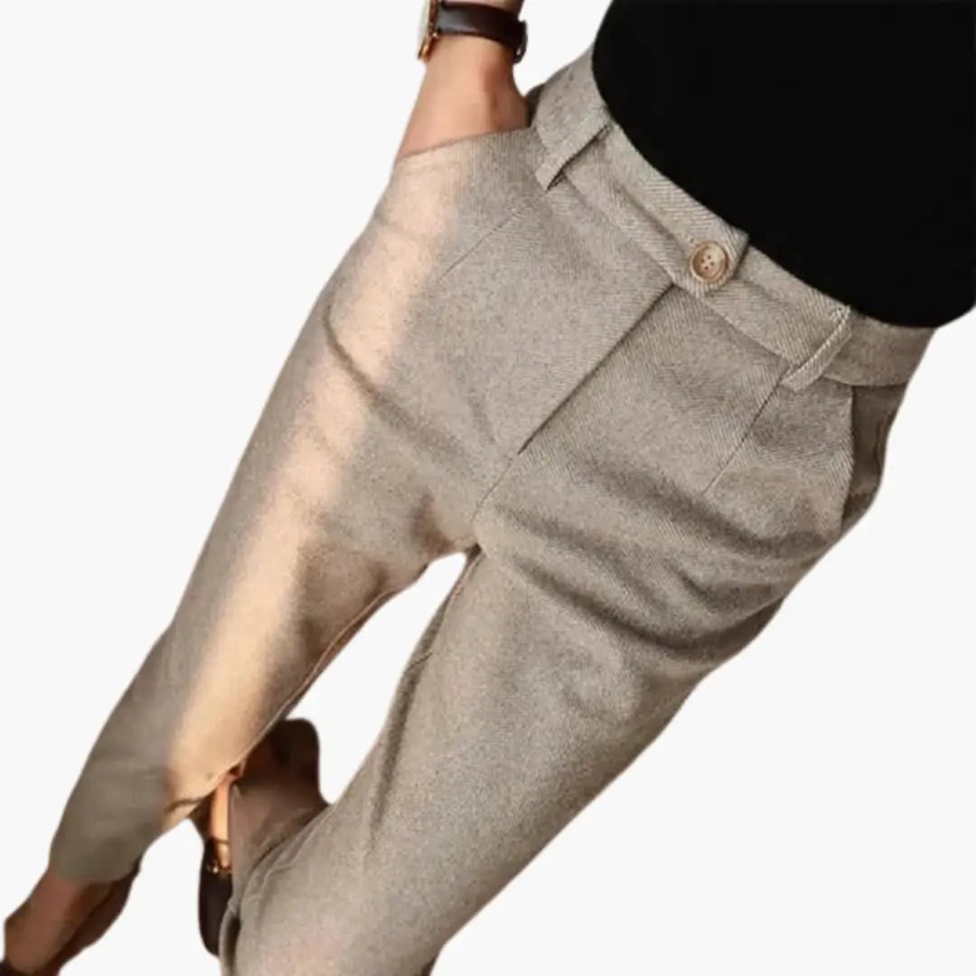Wilfred Smith women's slim-leg trousers in beige with a structured waist