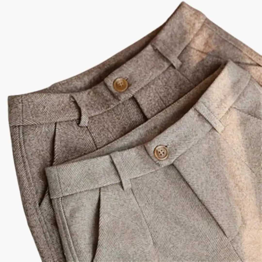 Women's Slim Leg Trousers with Structured Waist in taupe and beige tweed fabric; two pairs shown