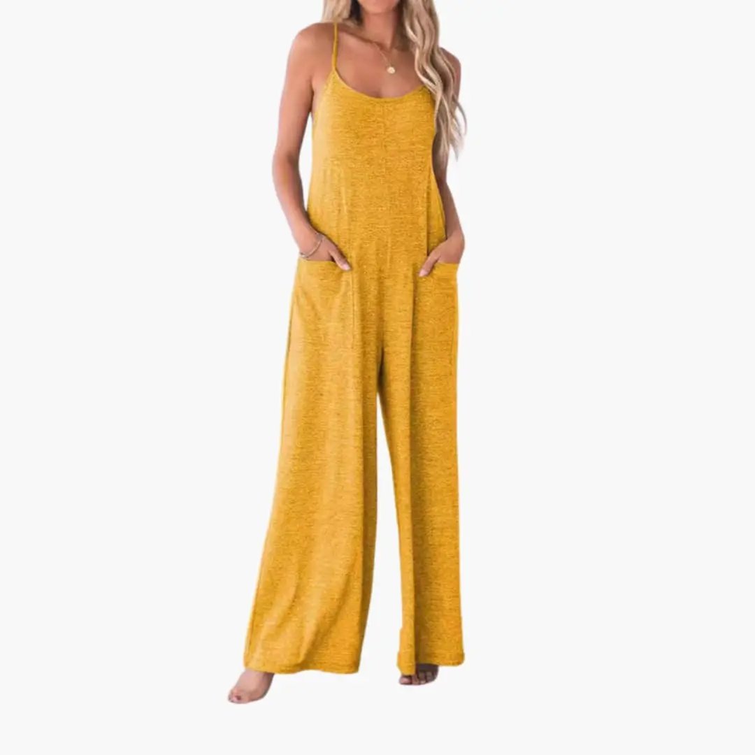 Women’s Spaghetti-Strap Jumpsuit with Pockets in mustard yellow, wide-leg one-piece.