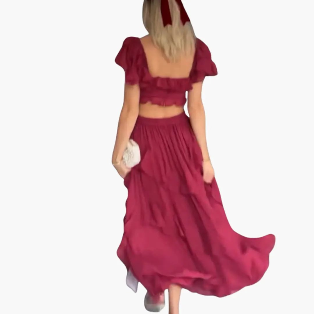 Women’s Square-Neck Dress with Ruffled Sleeves, burgundy, open-back, maxi length