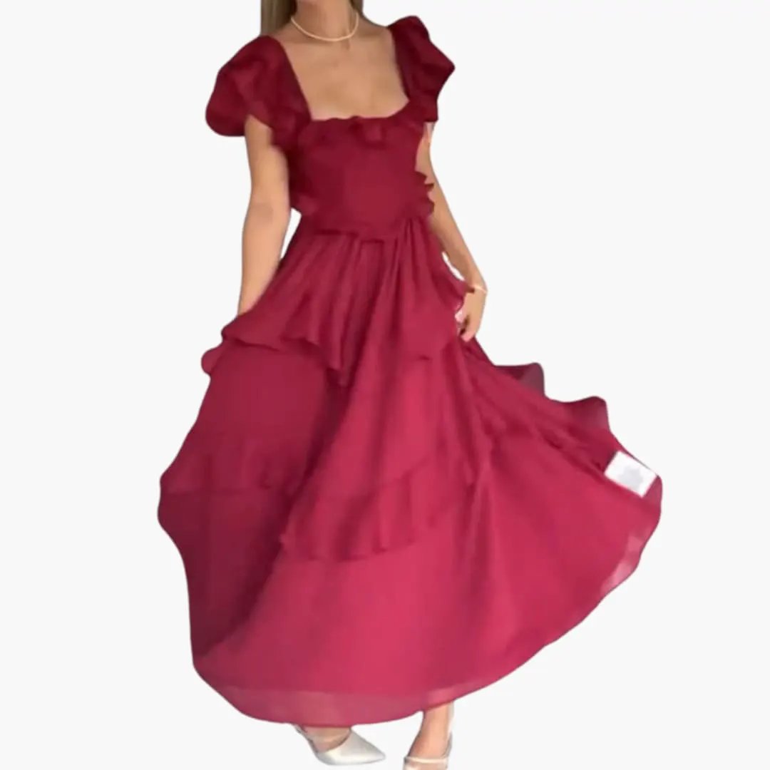 Women’s square-neck dress with ruffled sleeves in burgundy, flowing tiered skirt.