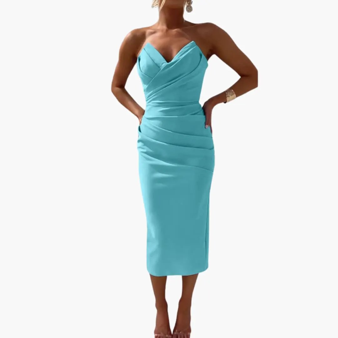 Women’s Strapless Dress in turquoise with shaped waist, midi length, plain woven finish