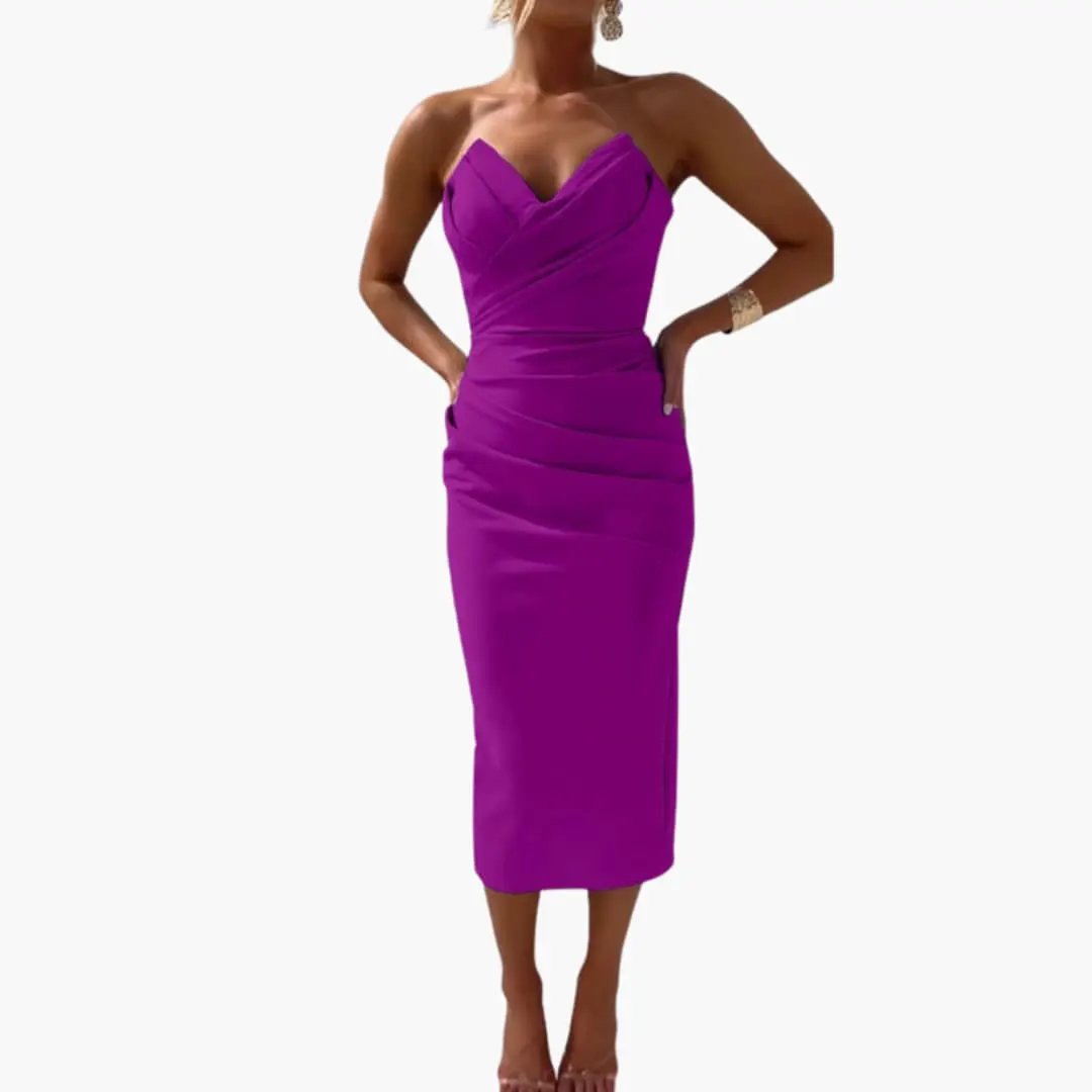 Women's Strapless Dress by Wilfred Smith; purple, shaped waist, midi length, plain woven finish.