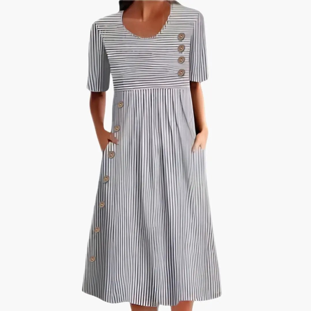 Women’s striped midi dress by Wilfred Smith, button-front, 3/4 sleeves in blue and white.