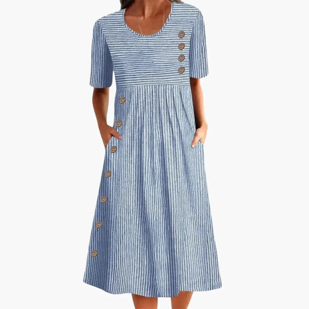 Women's striped blue midi dress with a button-front row along the left side, 3/4 sleeves and pockets