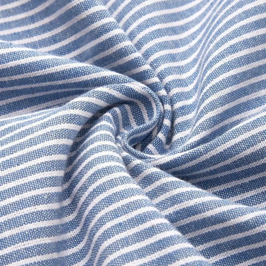 Women’s Midi Dress by Wilfred Smith; blue and white striped fabric close-up