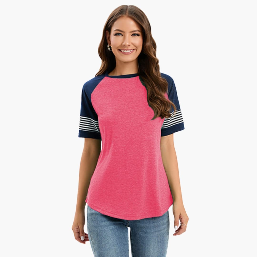 Women's Striped Raglan T-shirt with pink body and navy short sleeves featuring white stripes.