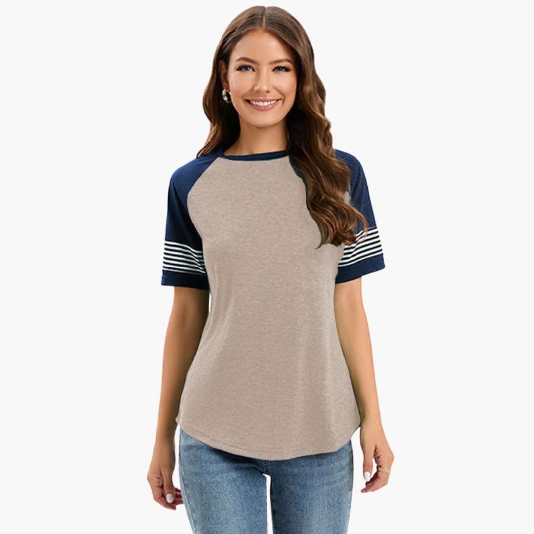 Women’s Striped Raglan T-Shirt with Contrast Short Sleeves, beige body and navy sleeves with white stripes