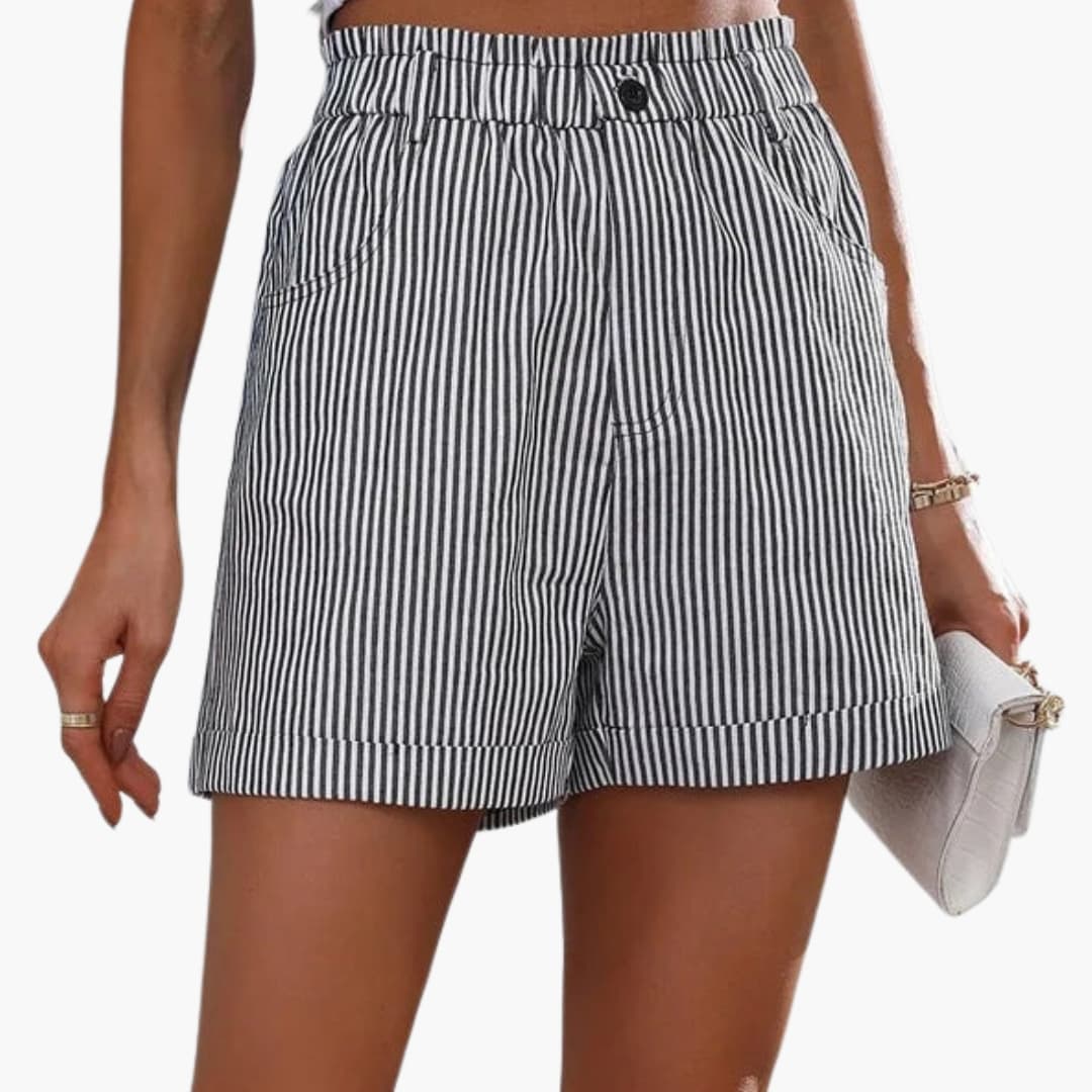 Women's black-and-white striped shorts with elastic waist and pockets by Wilfred Smith