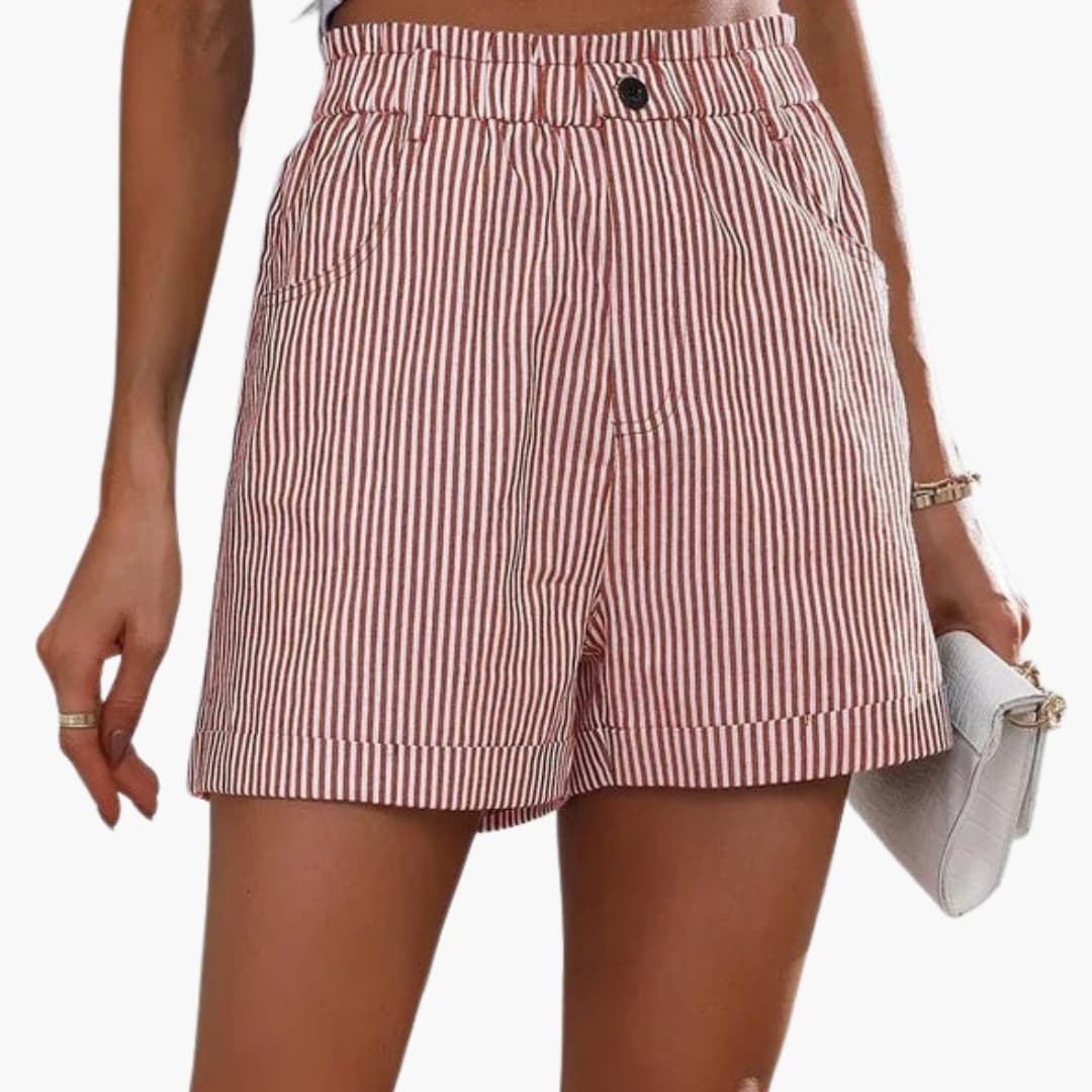 Women's red and white striped shorts with elastic waist and pockets.