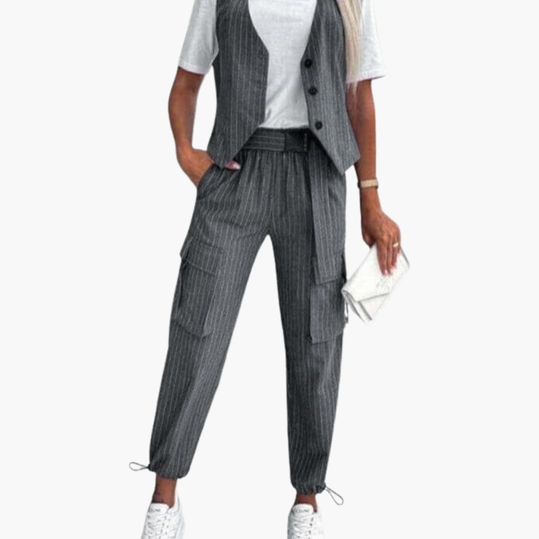 Women's striped gray pinstripe two-piece suit set with sleeveless top and cuffed pants