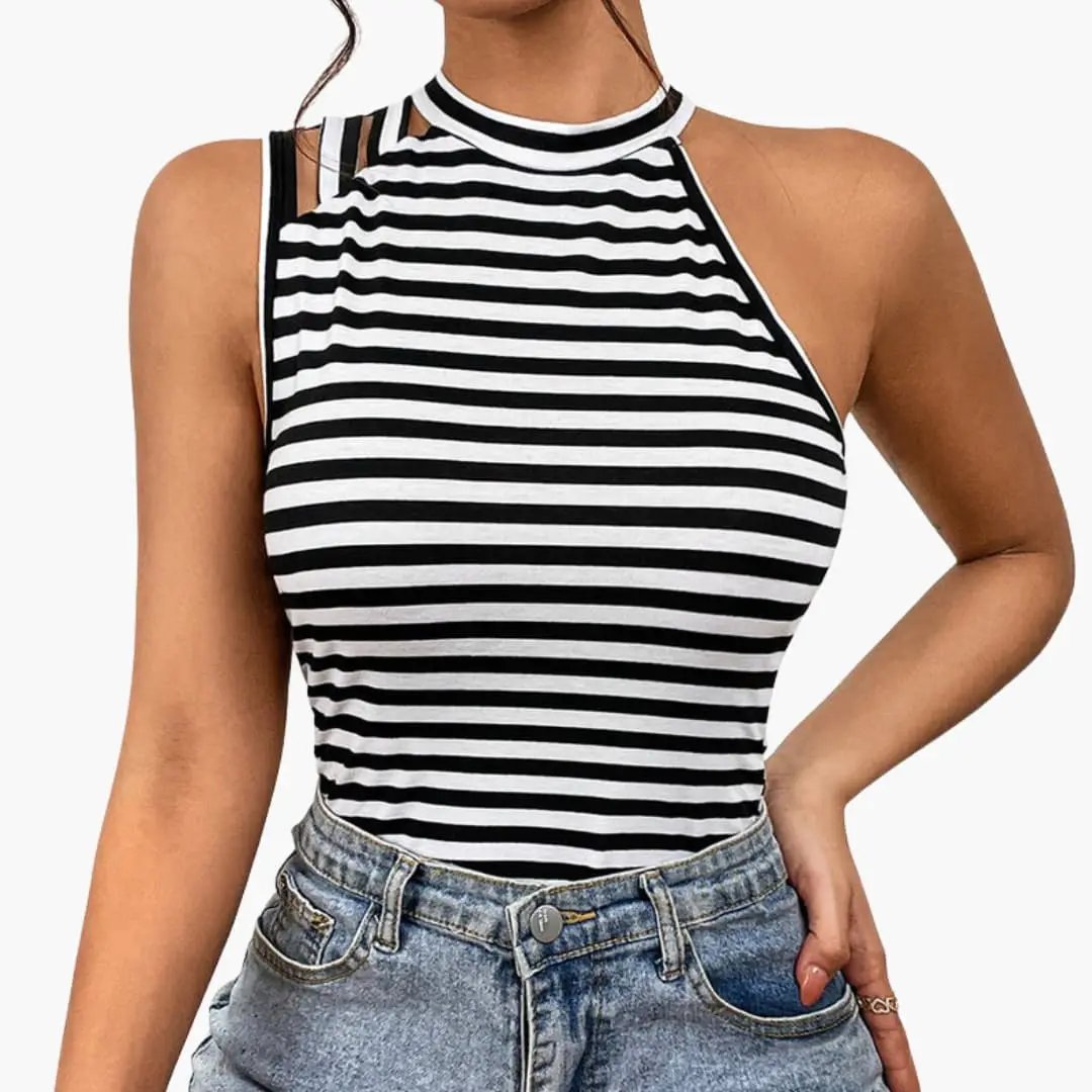 Women's black and white striped top by Wilfred Smith with stand collar