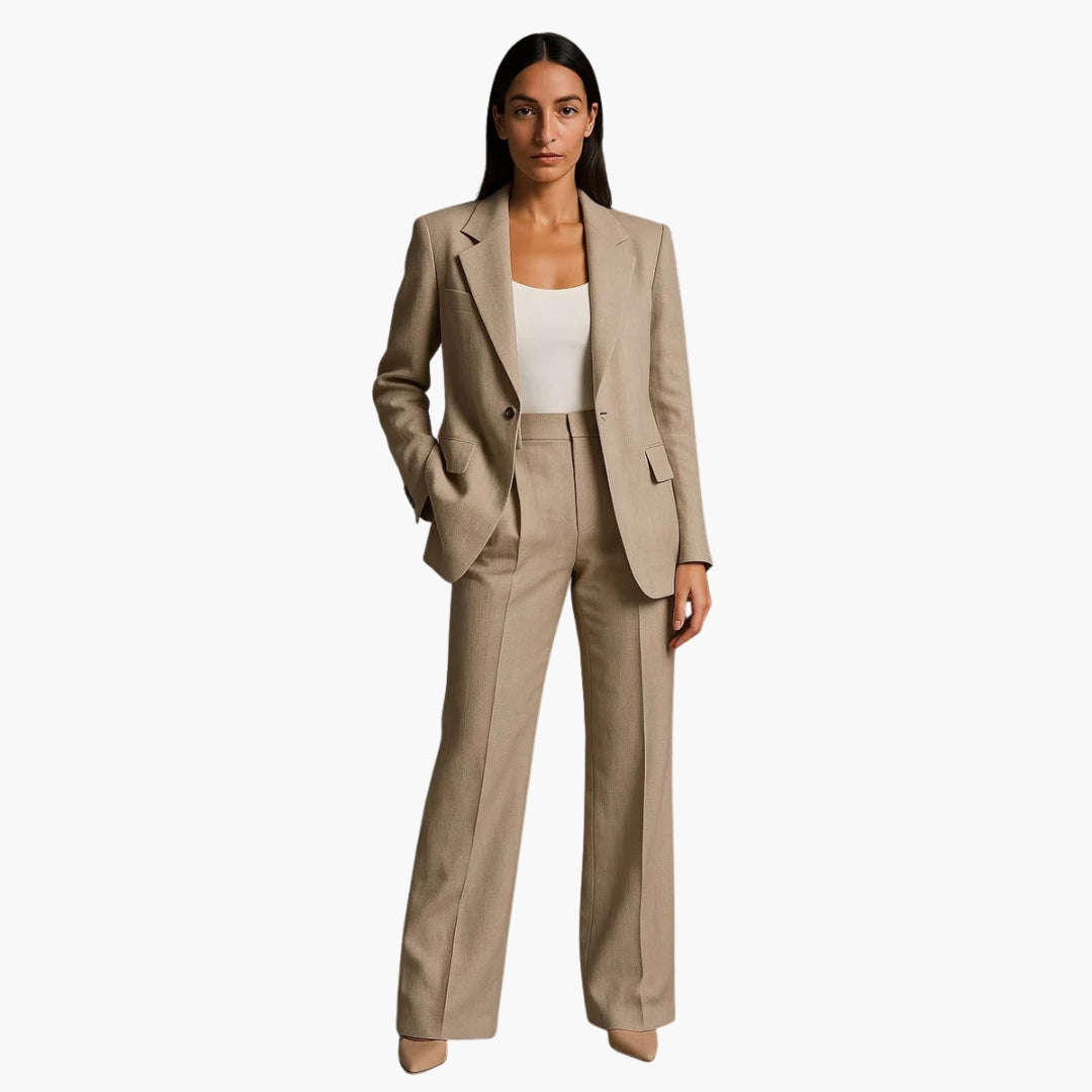 Women's wedding suit set by Wilfred Smith: beige blazer with matching wide-leg trousers