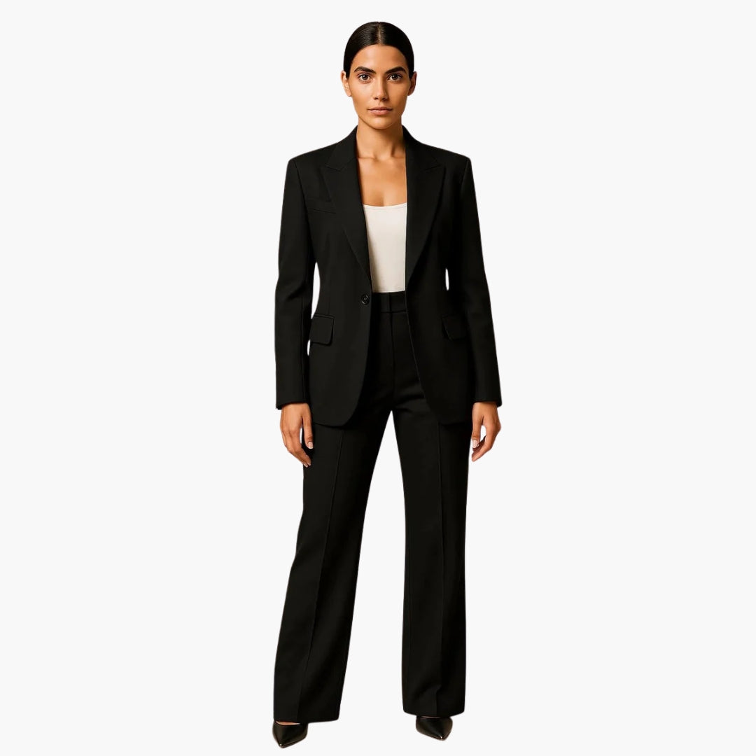 Women's wedding suit set with black blazer and wide-leg trousers by Wilfred Smith