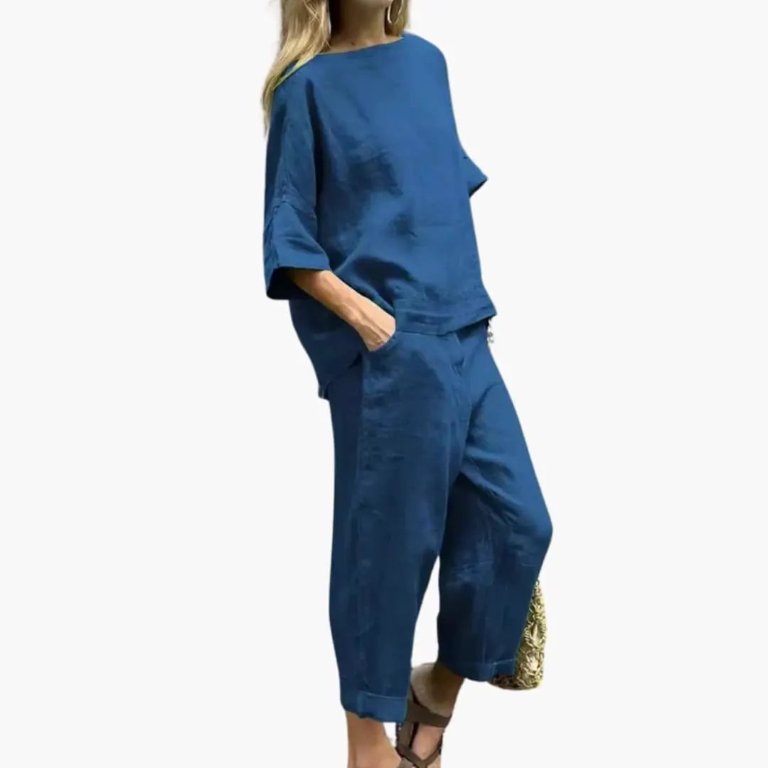 Women's blue loose-fit cropped-top and cropped-pants two-piece outfit set