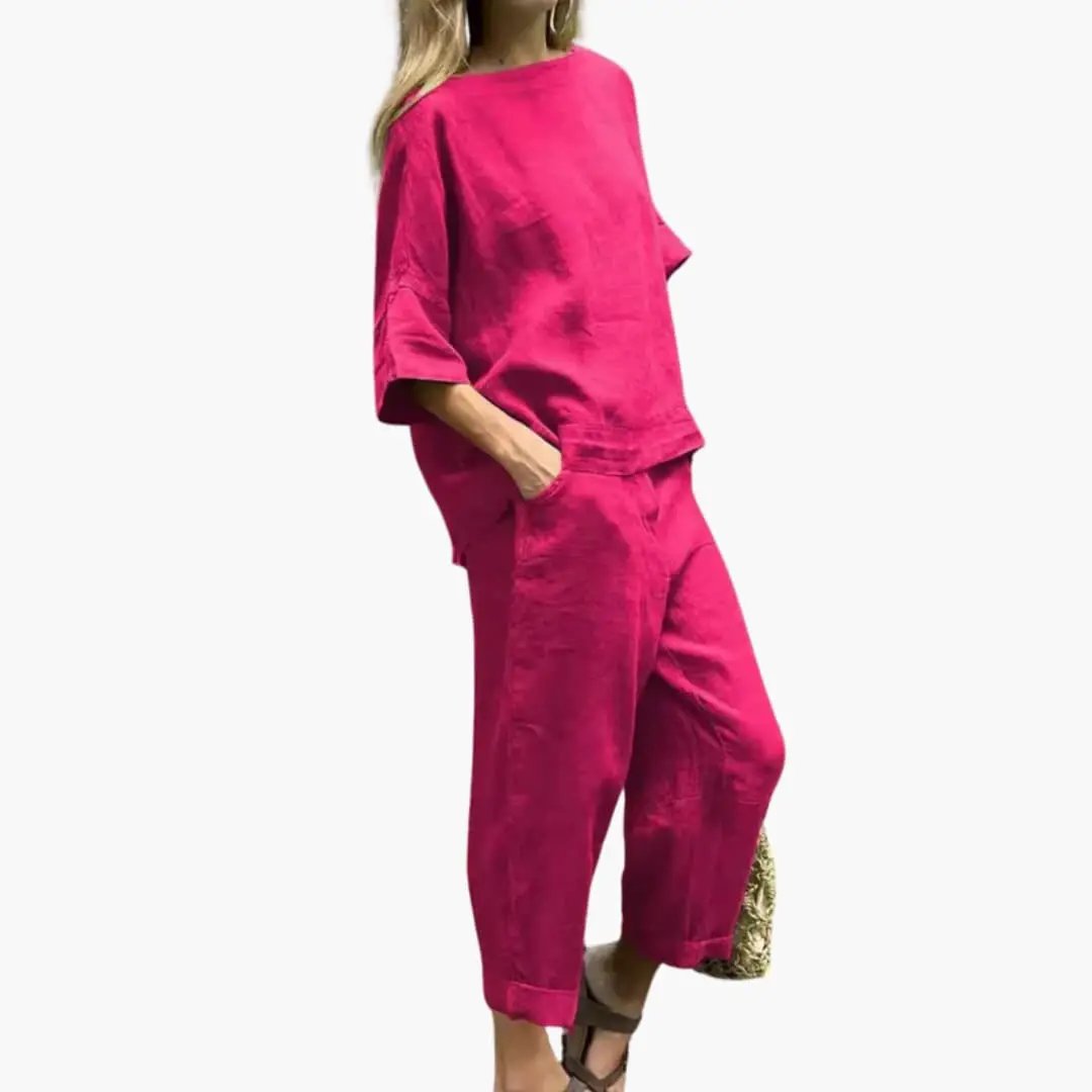 Women's two-piece bright pink crop top and cropped pants set