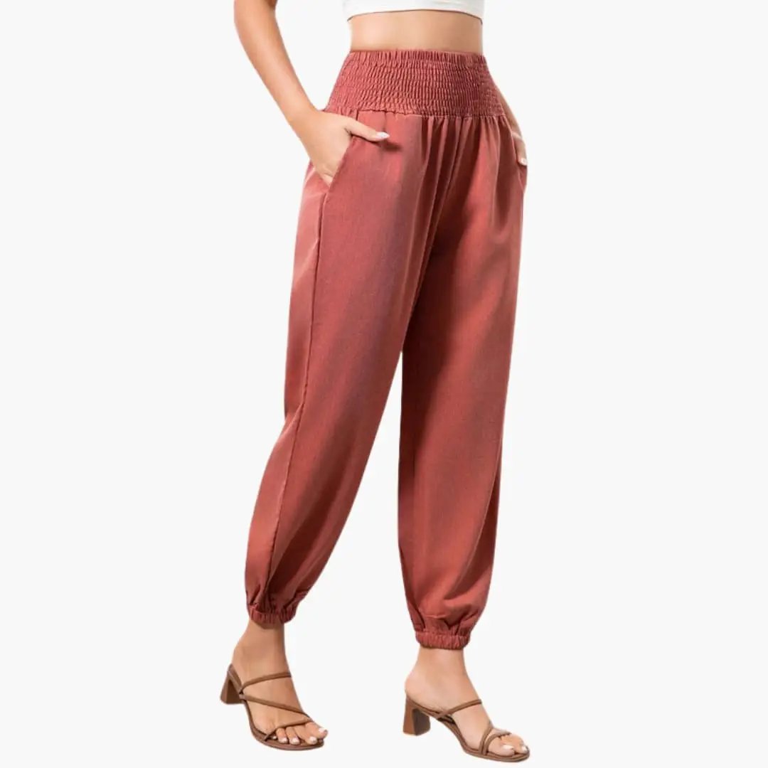 Women’s Summer Pants with Elastic Waist and Wide Leg in rust red with elastic ankle cuffs