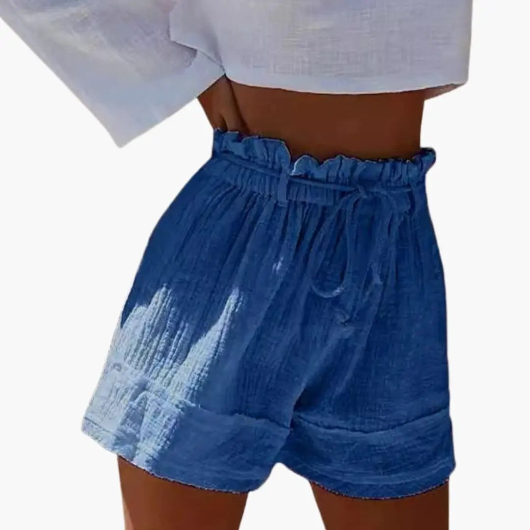 Women's Summer Shorts with Elastic Waist and Drawstring, blue fabric with rolled cuffs