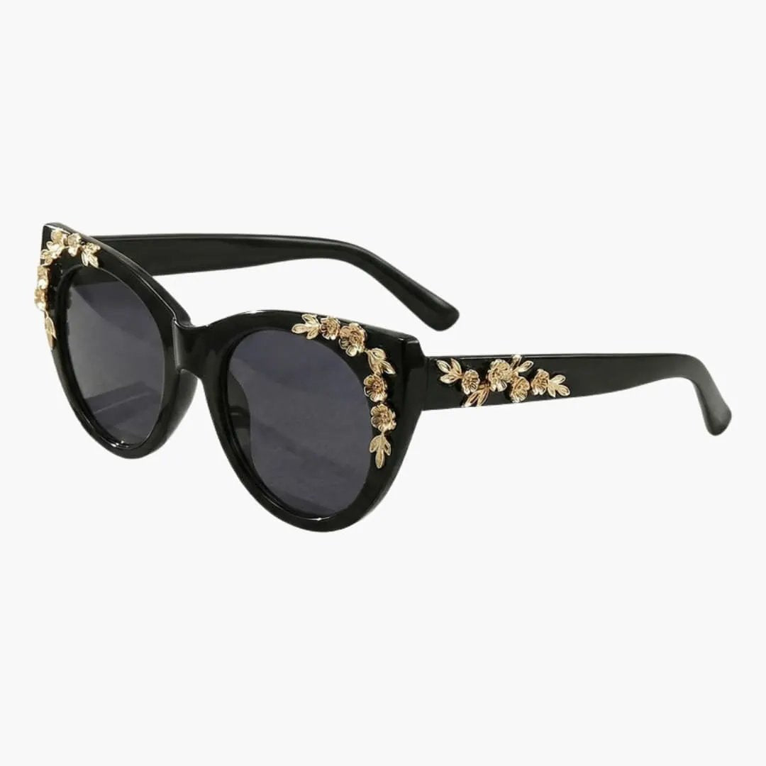 Wilfred Smith Women's Sunglasses with black cat-eye frame and gold floral embellishments, UV400 lenses