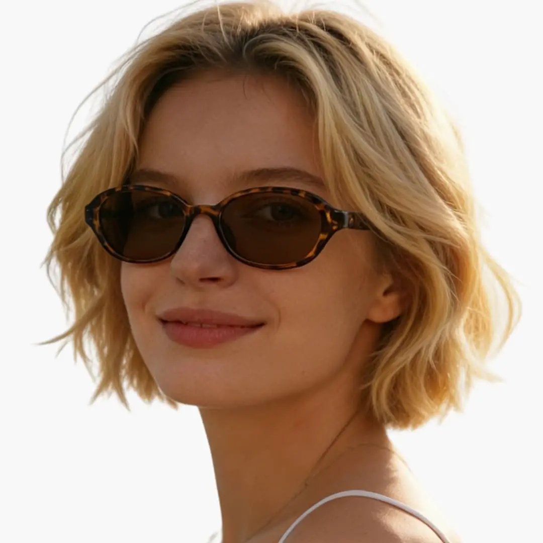 Women's sunglasses by Wilfred Smith with oval tortoiseshell frame and brown UV400 lenses.