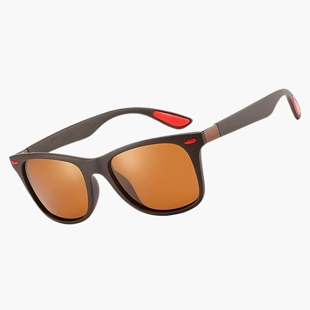 Women's sunglasses with square brown frame and orange mirrored lenses