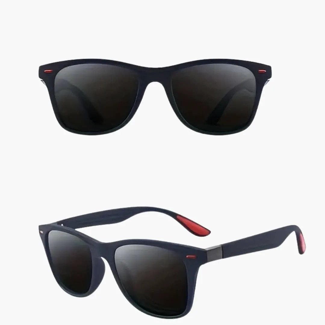 Women's sunglasses by Wilfred Smith: two square-frame sunglasses with mirrored lenses; navy blue and black frames.