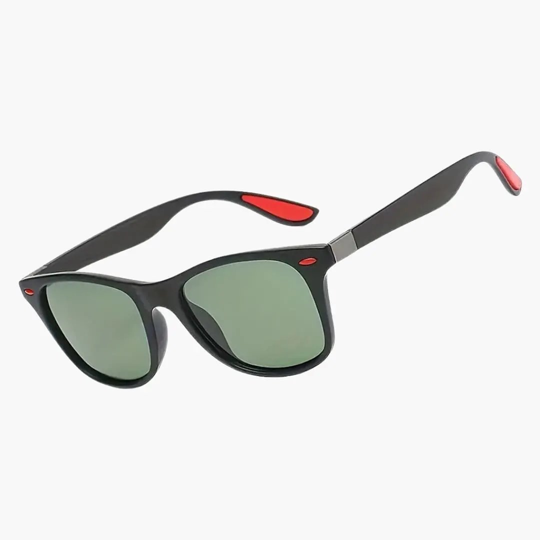 Women's sunglasses with black square-frame and green mirrored lenses.