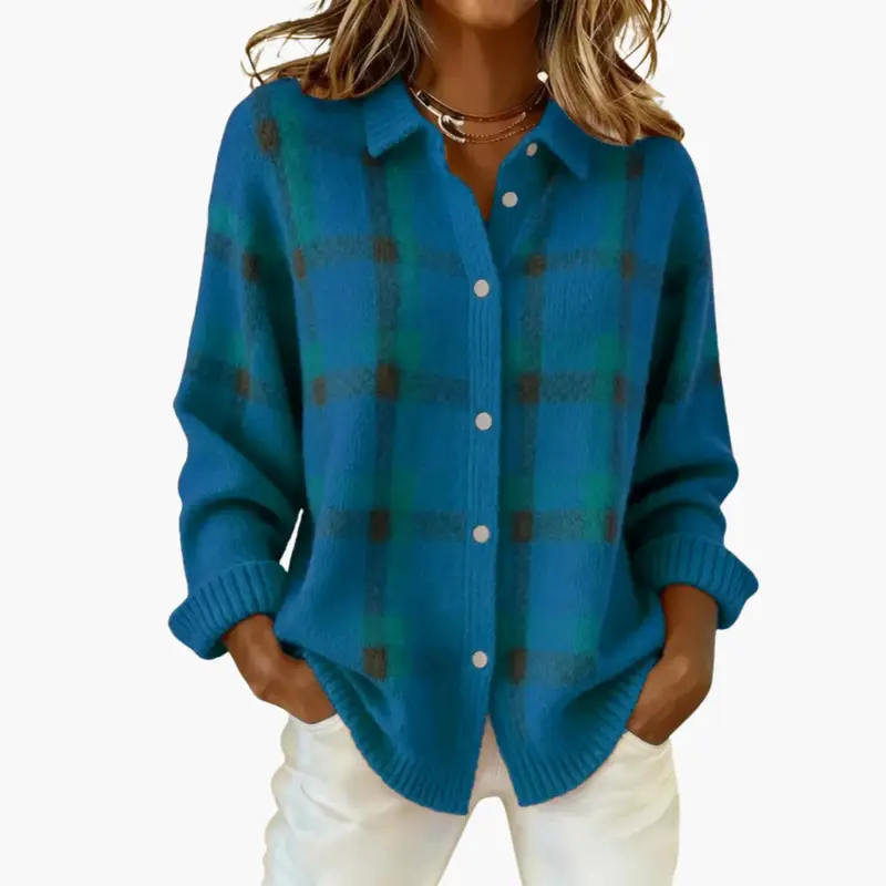 Women's blue check cardigan sweater with ribbed edges and button front